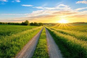 Fototapeta premium 広大な草原での朝焼けの美しい風景と小道が続く航路