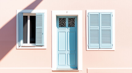 Fototapeta premium Bright blue door and window on a pastel pink house with a small tree nearby. 