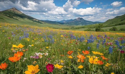 Fototapeta premium Vibrant Wildflower Meadow Stunning Mountain View Summer Landscape Nature Photography Red Sky Blue 