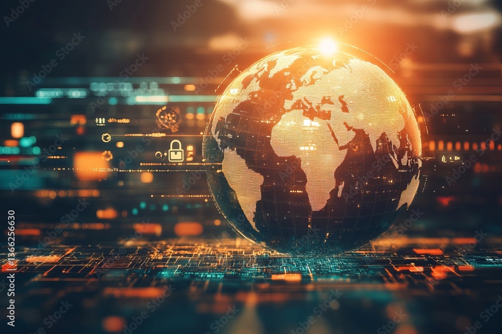 Poster global network digital world technology abstract orange background futuristic data secure earth