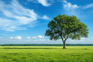 青空の下に立つ緑豊かな木と広がる草原の景色