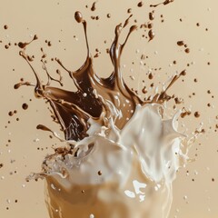 Fototapeta premium Chocolate and milk creating a splash on a beige background