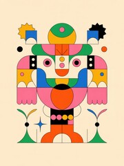 Obraz premium A stylized, illustrative graphic with bold, flat colors and whimsical geometric accents. The design features simplified abstract elements and decorative patterns, creating a modern