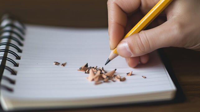 Mandarin characters written in a spiral notebook with pencil shavings