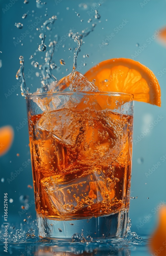 Poster refreshing drink with ice and orange slice in vibrant setting