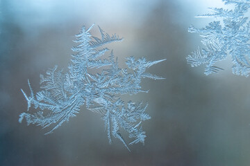 Natural frost pattern on a window. Frost patterns. Icy window in the winter.