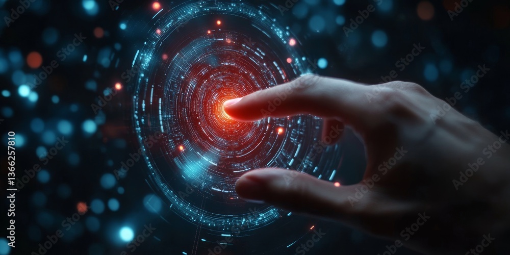 Poster digital technology interface futuristic hand touch screen red blue web data cyber modern future