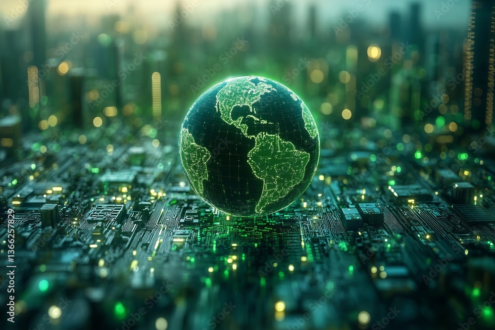 Poster global network digital earth technology green circuit board innovation data world globe cyber future