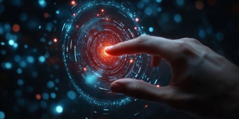 Digital Technology Interface Futuristic Hand Touch Screen Red Blue Web Data Cyber Modern Future     