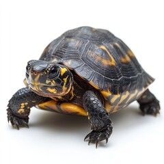 Obraz premium Close-up of a small turtle with a black and yellow patterned shell, facing forward on a white background.