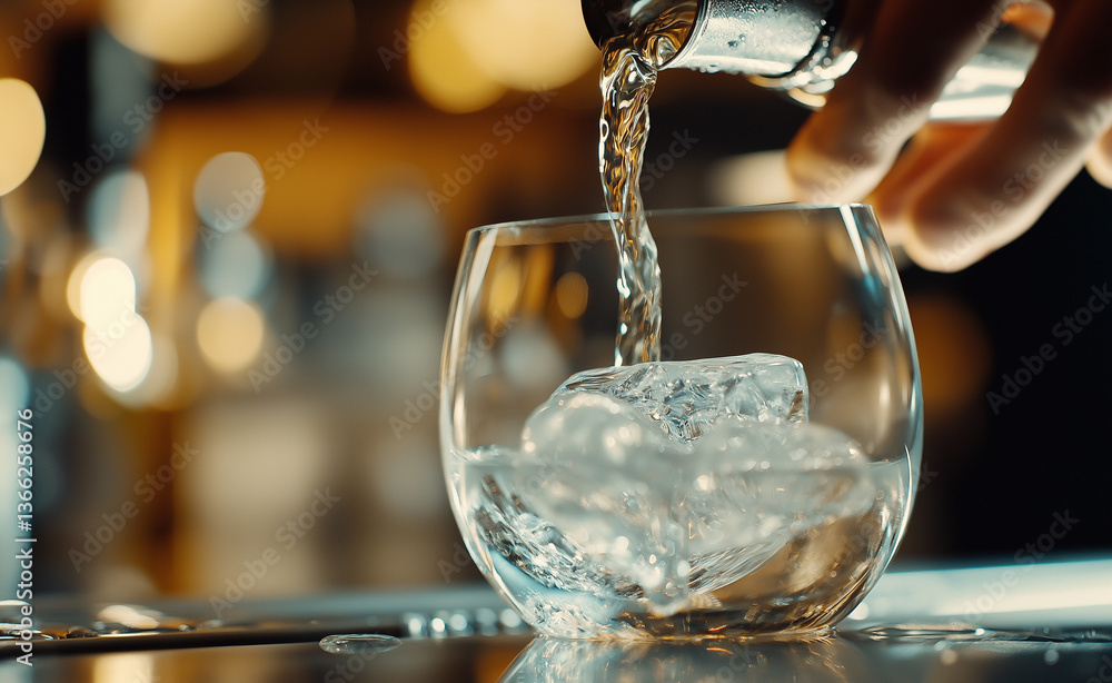 Poster drink being poured into a glass with large ice cubes in a dimly lit bar setting.