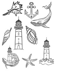 Large set of beautiful marine stickers - detailed Line Art design. templates for printing stickers and textiles