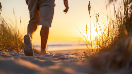 A person walks barefoot along a sandy beach path during a golden sunset.

