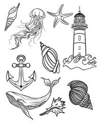 Large set of beautiful marine stickers - detailed Line Art design. templates for printing stickers and textiles