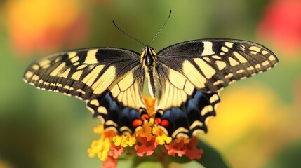 Obraz premium Close-up of a Swallowtail butterfly perched on vibrant flowers.