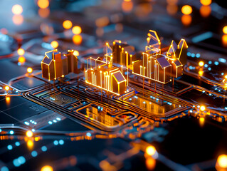 Illuminated Miniature City on Circuit Board with Orange Glowing Buildings and Bokeh Lights Against a Dark Backdrop