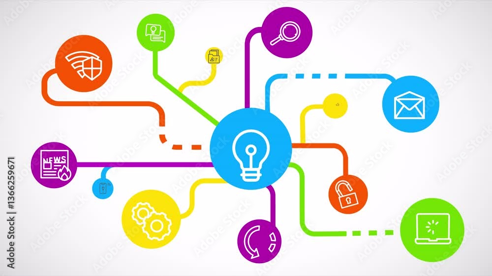 Poster animation of a growing network of connected colorful technology media icons and nodes moving
