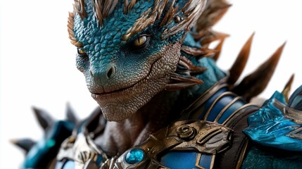 Intricate Scale Detail of Blue Dragon in Ornate Armor Close-Up Portrait