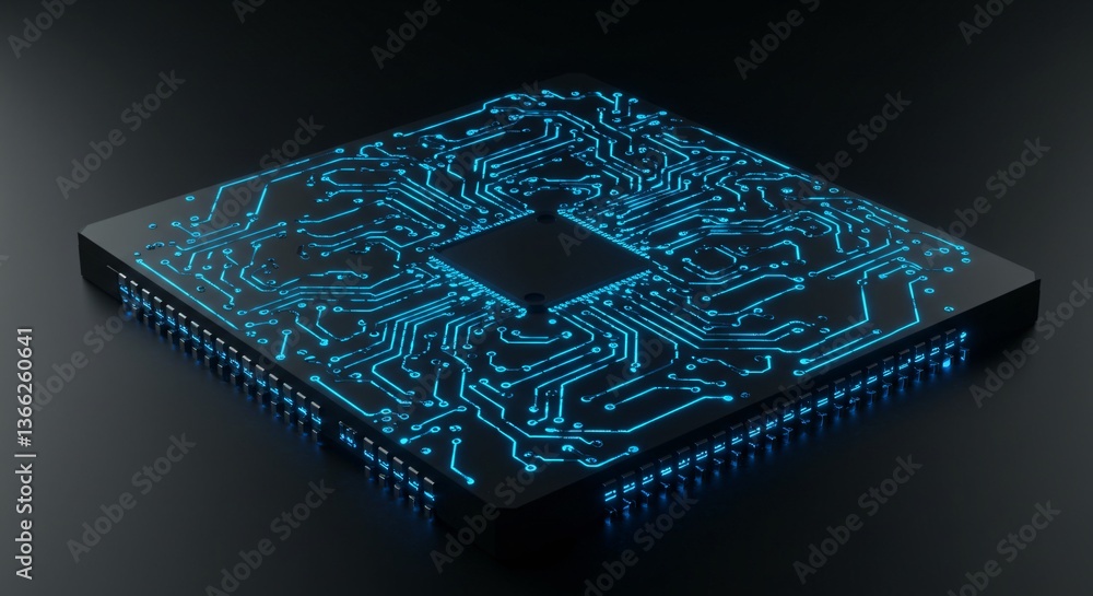 Poster glowing blue cpu microchip on dark background, advanced technology for artificial intelligence, cent