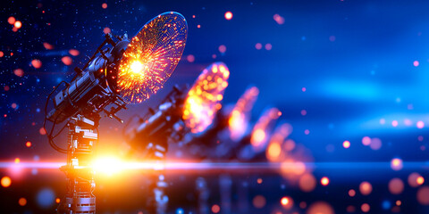 Obraz premium Satellite Dishes Glow with Intense Orange and Blue Light Against a Blurred Blue Background