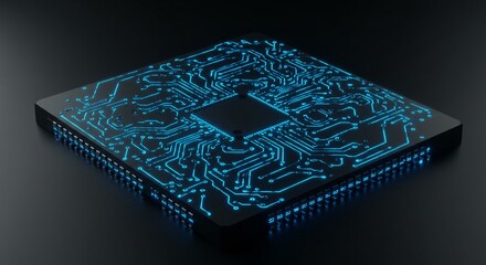 Glowing blue cpu microchip on dark background, advanced technology for artificial intelligence, central processing unit illustration for engineering design