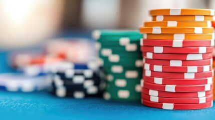 Naklejka premium Stacks of colorful poker chips on a blue felt table. Chips in various colors, including orange, green, and red, are neatly stacked. 
