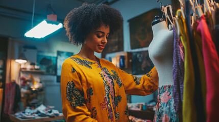In a bright and cozy studio, a woman carefully adjusts a mannequin dressed in her latest handmade creation, showcasing her artistic skills and keen eye for fashion.