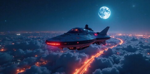 Obraz premium Spacecraft hovering above futuristic cityscape at night, cityscape, futuristic city, urban landscape