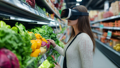 Virtual Reality Grocery Shopping Woman Using VR Headset in Supermarket