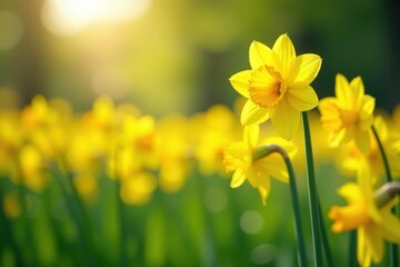 Obraz premium Sunny field of bright yellow daffodils swaying gently in the breeze, spring, garden