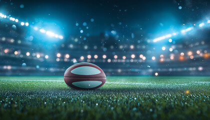 Rugby ball on night stadium grass, under lights, game