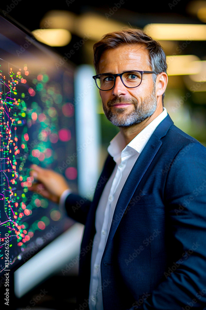 Aufkleber mature man in blue blazer explaining financial data on a screen displaying graphs charts and analyti