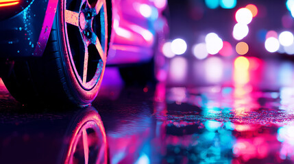 Close-up of a stylish pink sports car with neon reflections on a wet city street at night.
