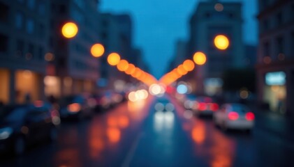 Urban landscape with blurred city lights and abstract circular bokeh on a blue background, city lights, abstract bokeh