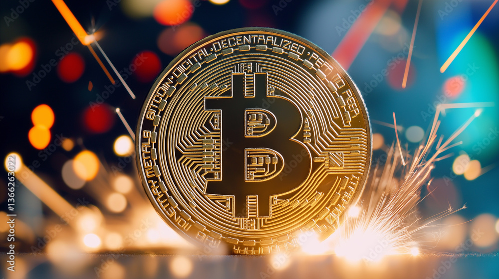 Poster shiny bitcoin coin with festive sparklers and colorful bokeh lights in the background.