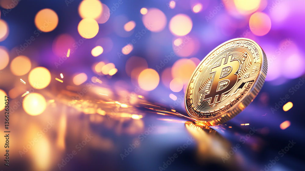 Poster shiny bitcoin coin with festive sparklers and colorful bokeh lights in the background.