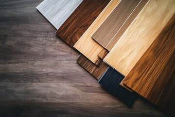 Fototapeta premium A variety of wood flooring samples on a dark wooden background
