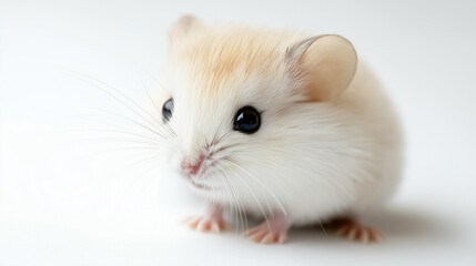 Adorable white mouse standing on its hind legs against a soft, light background.
