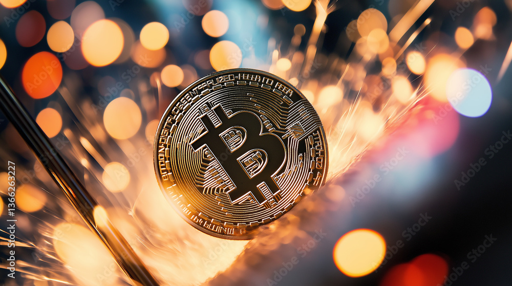 Poster shiny bitcoin coin with festive sparklers and colorful bokeh lights in the background.