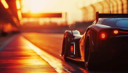 Sunset Race Car Speed, Asphalt Track, Golden Hour, Dynamic, Sleek, Powerful, Luxury, Sport, Vehicle,