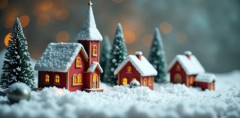 wooden Christmas village with snow-covered houses and church, lanterns, snow
