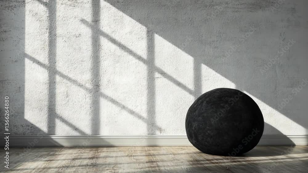 Poster black circular object on floor casting shadows in a minimalist indoor space during daylight hours
