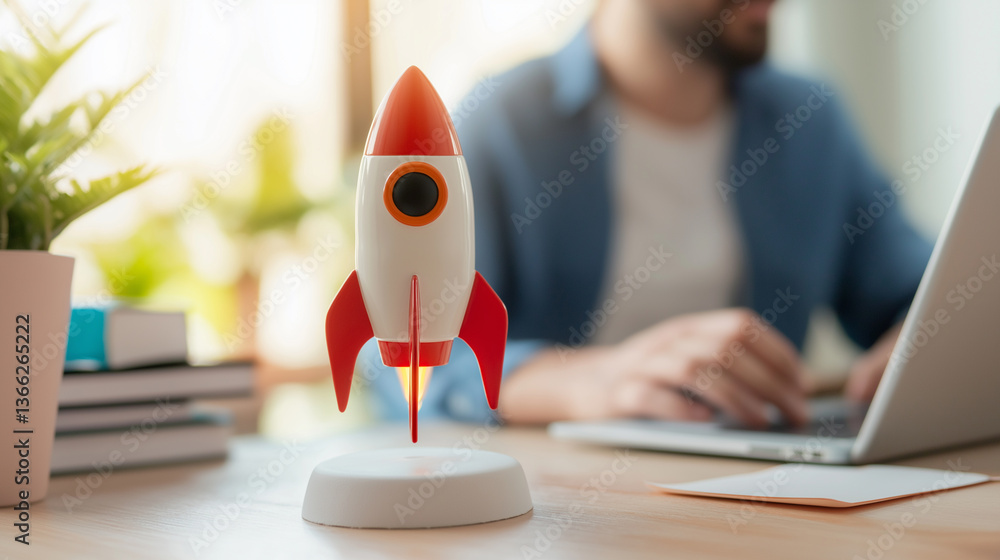 Poster model of a red and white rocket standing on a desk with a man working on a laptop in the background.