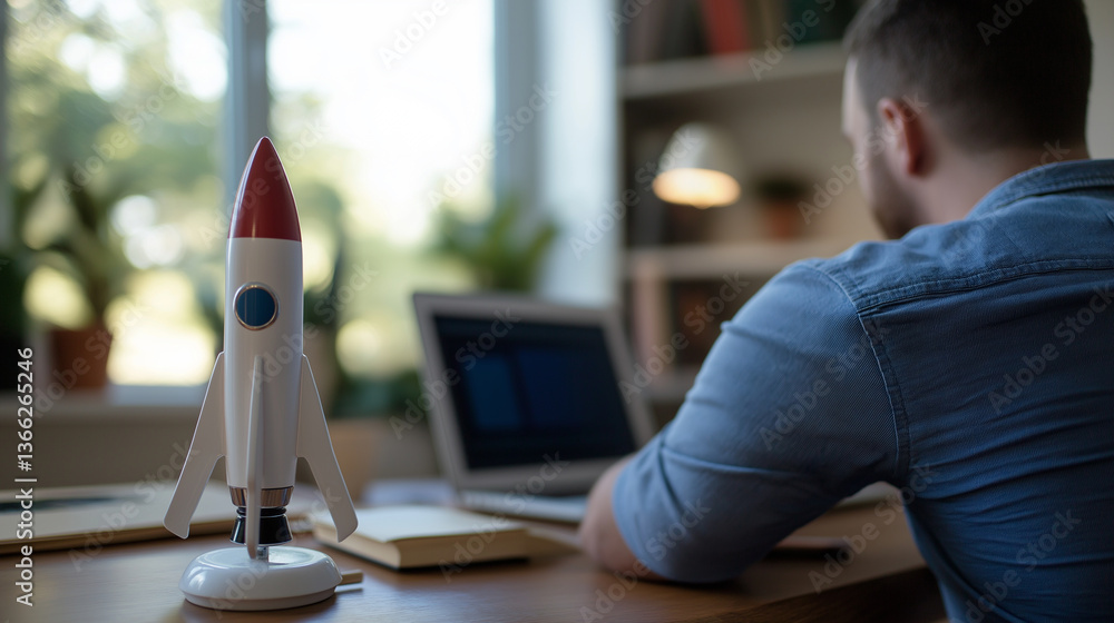 Aufkleber model of a red and white rocket standing on a desk with a man working on a laptop in the background.