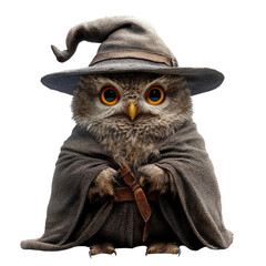 Cute Owl Wizard in Cloak and Hat on Transparent Background