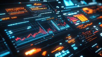 Obraz premium A futuristic data stream visualized with vibrant orange and blue glowing lines and graphs, displaying complex information in a dynamic and engaging way.