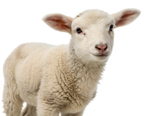Fototapeta premium An adorable fluffy lamb stares intently into the camera against a pure black background soft creamy white fur innocent curious gaze AI Generative