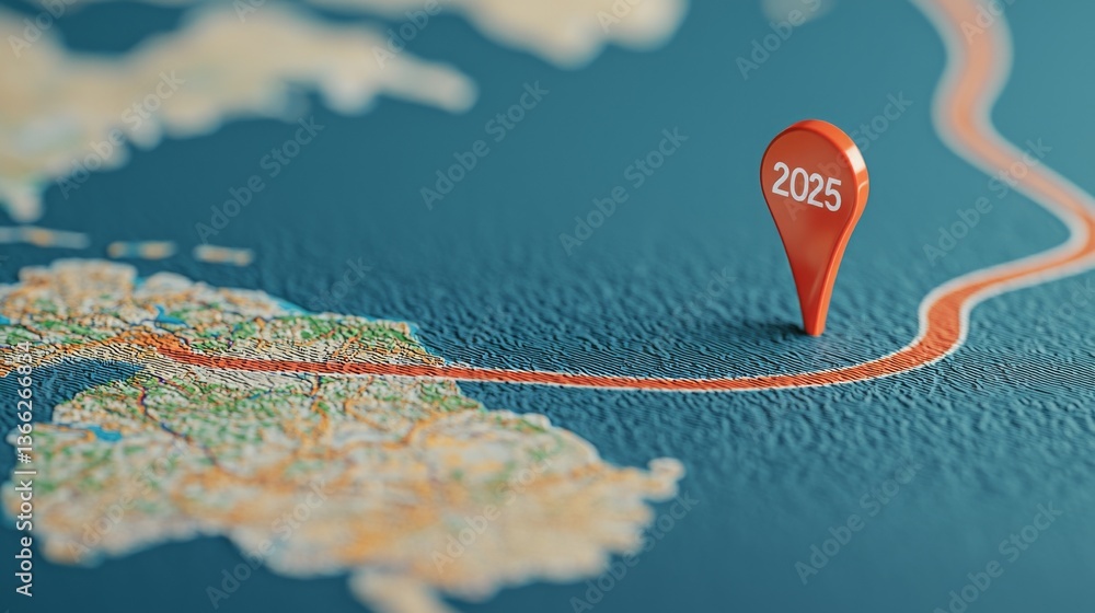 Poster 2025 goal setting vision and strategy concept. map with a location marker indicating the year 2025.