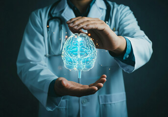 Doctor Holding a Holographic Brain Symbolizing Advanced Neuroscience and AI in Medicine