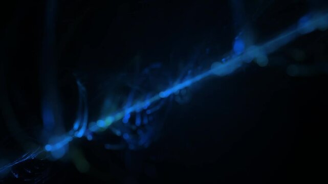 Leuchtende blaue filigrane Lichtfasern &ndash; dynamische Wissenschafts- und Technologie-Visualisierung zu Datentransfer und moderner Kommunikation, Nebel, Forschung
